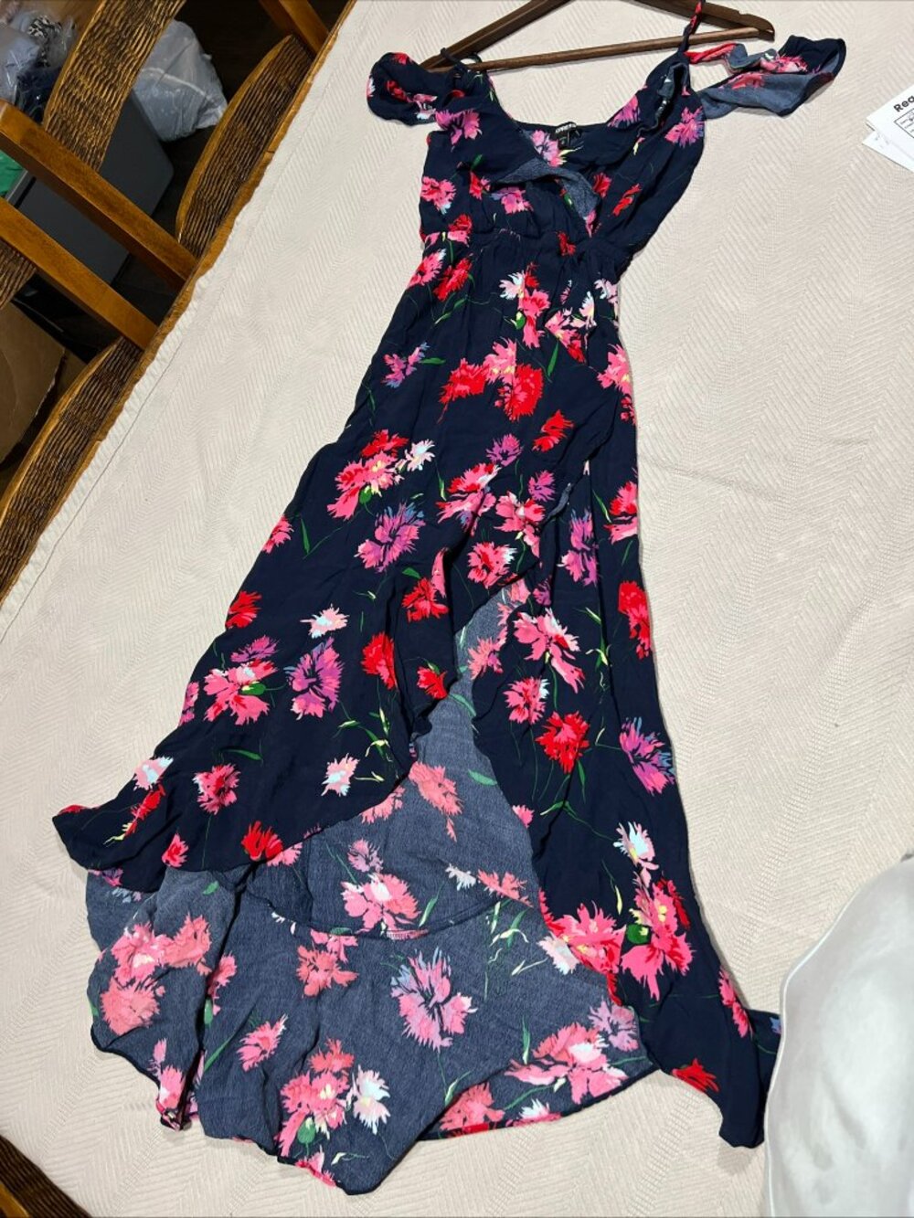 Express Floral Maxi Dress Women’s M Navy Pink Cold Shoulder High-Low Ruffle Boho